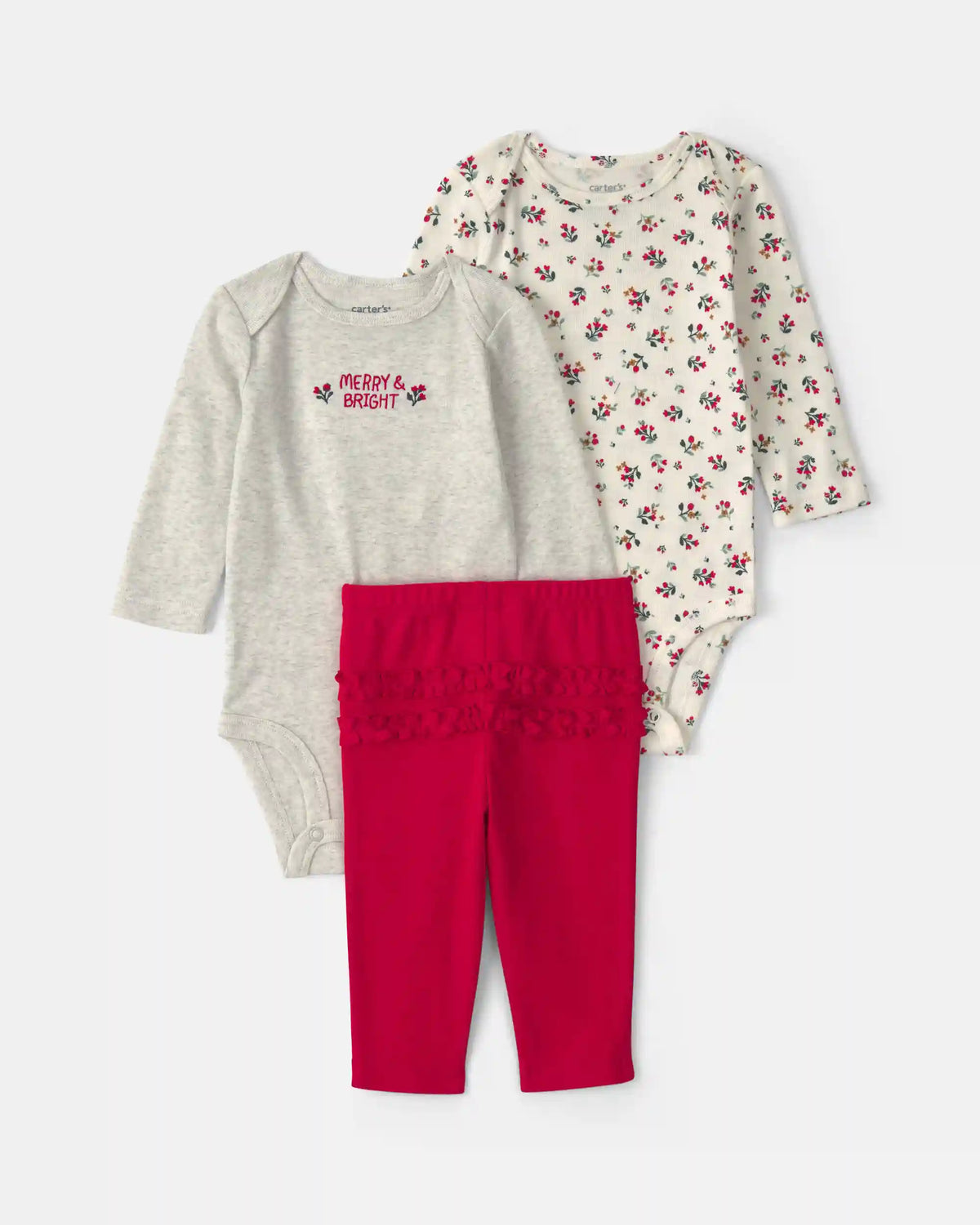 Baby Girl 3-Piece Floral Long-Sleeve Bodysuit & Pant Set - Red/Grey