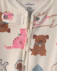 Baby Girl 1-Piece Pets 2-Way Zip DreamPlush Snug Fit Footed Pajama - Cream