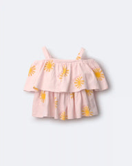 Toddler Girl Off Shoulder Flowy Top in Sunny Life Print - Light Pink