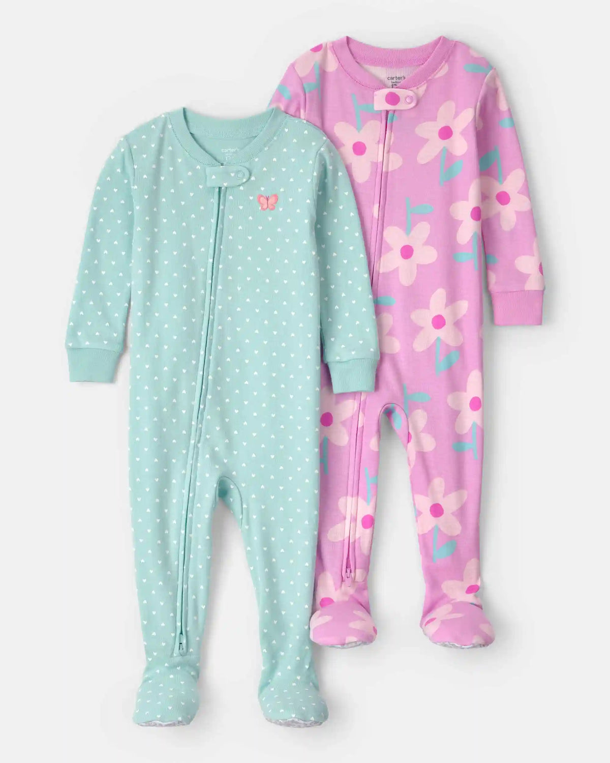 Baby Girl 2-Pack Floral Butterfly 100% Cotton Snug Fit 1-Piece Pajama - Blue/Pink