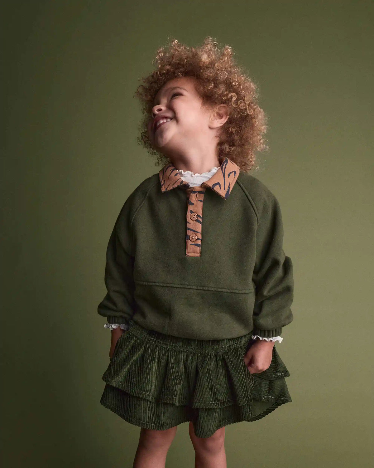Toddler Girl Leopard Collar Pullover Sweatshirt - Olive