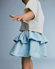 Toddler Girl Smocked Tiered Skirt in Otter Avenue Print - Light Blue/Lime Green