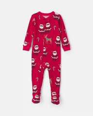 Toddler 1-Piece Brown Santa Christmas 100% Cotton Snug Fit Footed Pajama - Red