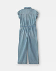 Girls Denim Short-Sleeve Jumpsuit - Light Wash