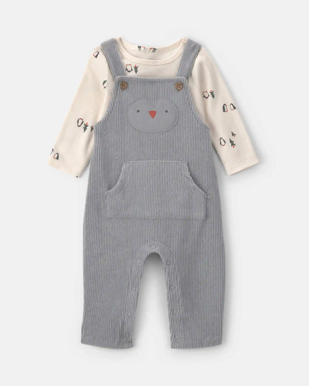 Baby Boy 2-Piece Penguin Long-Sleeve Overall Set - Grey/Cream