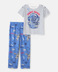 Boys Shark Loose Fit 2-Piece Pajama Set - Blue/Ivory
