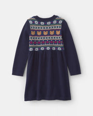 Toddler Girl Bear Fair Isle Long-Sleeve Dress - Navy Blue