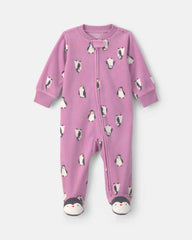 Baby Girl Penguin Fleece 2-Way Zip Sleep & Play Pajamas - Purple