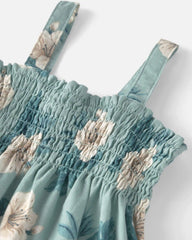 Toddler Girl Smocked Linen Dress Made with Organic Cotton in Blue Hibiscus