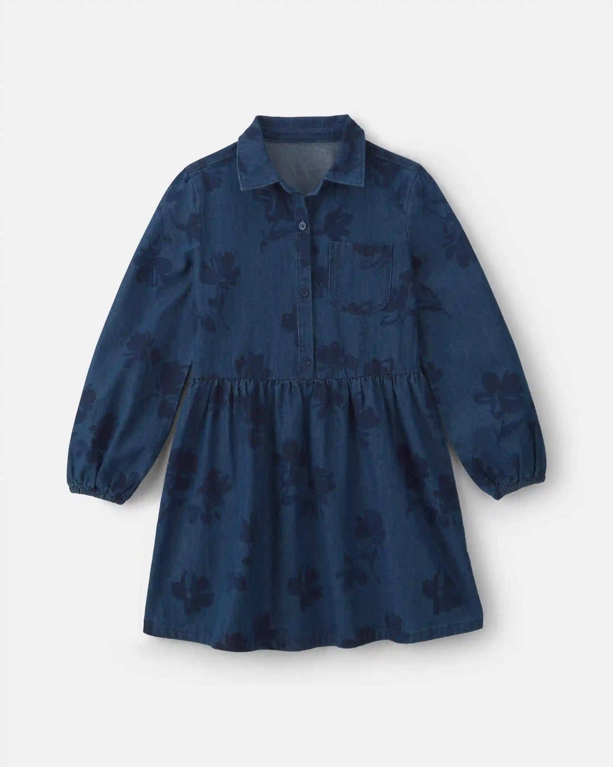 Girls Floral Denim Long-Sleeve Dress - Dark Wash