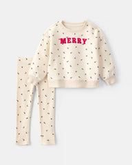 Baby Girl 2-Piece 'Merry' Fleece Long-Sleeve Top & Pant Set - Cream