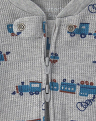 Baby Boy Train Cotton 2-Way Zip Thermal Sleep & Play Pajamas - Grey