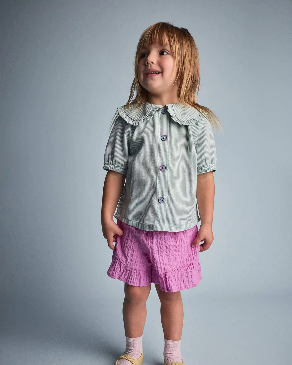 Toddler Girl Peter Pan Collar Top in Stripes - Teal