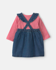 Baby Girl 3-Piece Polka Dot Chambray Long-Sleeve Dress Set - Pink/Indigo