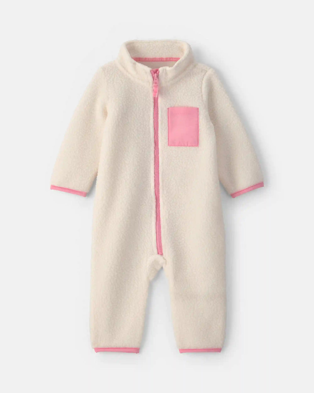 Baby Girl Color Block Fleece Long-Sleeve Jumpsuit - Cream/Pink