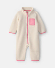 Baby Girl Color Block Fleece Long-Sleeve Jumpsuit - Cream/Pink