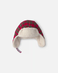 Baby Boy Christmas Plaid Flannel Teddy Fleece Hat - Red