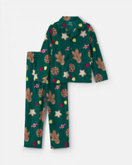 Kids 2-Piece Christmas Gingerbread Fleece Loose Fit Pajama Set - Green