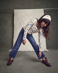 Girls Floral Long-Sleeve Top - Blue/Cream