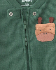 Baby Boy Moose Cotton 2-Way Zip Thermal Sleep & Play Pajamas - Green