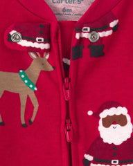 Baby Brown Santa Christmas 100% Cotton 2-Way Zip Sleep & Play Pajamas - Red