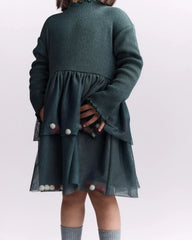 Toddler Girl Tree Pom Pom Long-Sleeve Tutu Dress - Dark Green