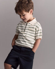 Toddler Boy Knit Zip-Up Polo in Stripes - Cream