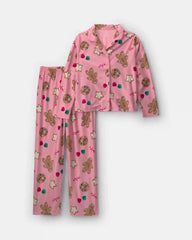 Adult 2-Piece Christmas Gingerbread Fleece Loose Fit Pajama Set - Pink