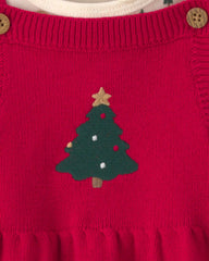 Baby Girl 3-Piece Christmas Tree Long-Sleeve Sweater Dress Set - Red/Cream