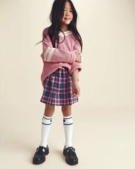 Girls Plaid Cotton Skort - Navy Blue/Pink
