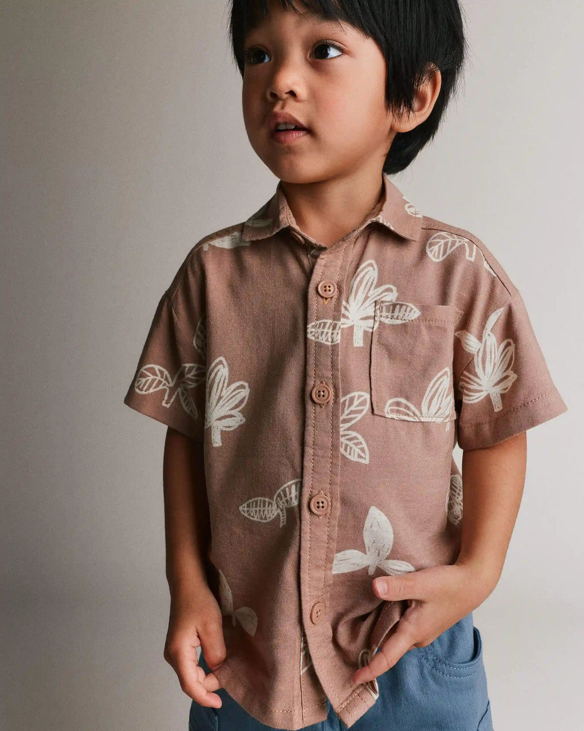 Toddler Boy Button-Down Short-Sleeve Shirt in Plant Print - Light Brown