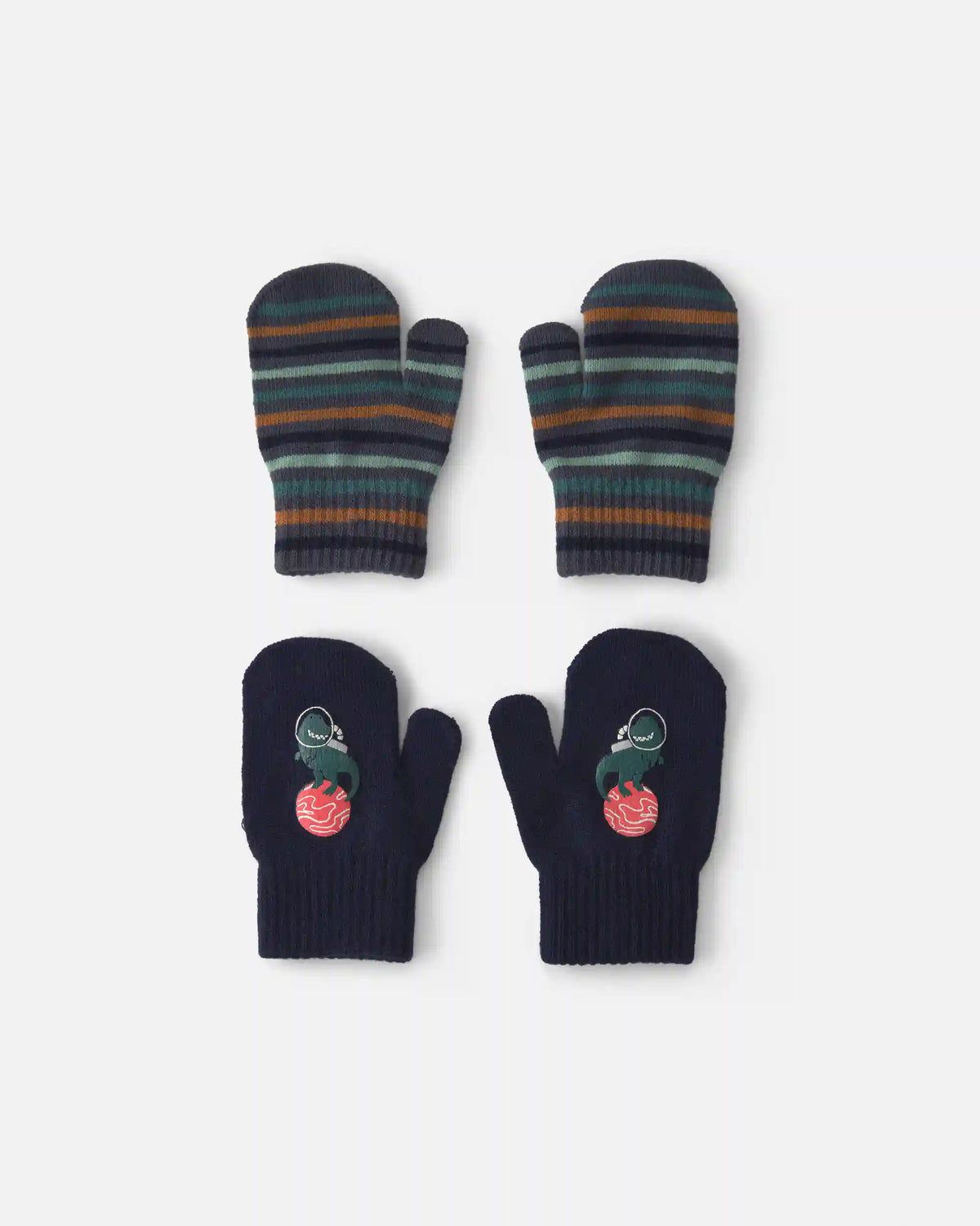 Toddler Boy 2-Pack Astronaut Dinosaur Striped Mittens - Black/Blue