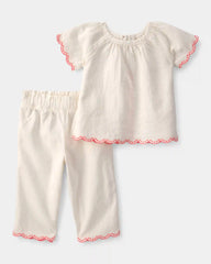Baby Girl 2-Piece Linen-like Short-Sleeve Outfit Set - Cream