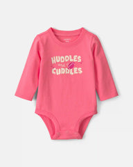 Baby Girl 'Huddles And Cuddles' Football Long-Sleeve Graphic Bodysuit - Coral