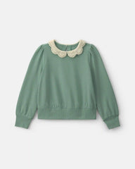 Girls Floral Collar French Terry Pullover Sweatshirt - Green