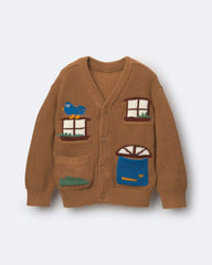 Toddler Cardigan with Avenue Pockets in House Print - Brown
