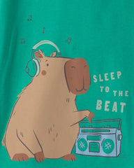 Toddler Boy Capybara 100% Cotton 4-Piece Pajama Set - Green/Ivory