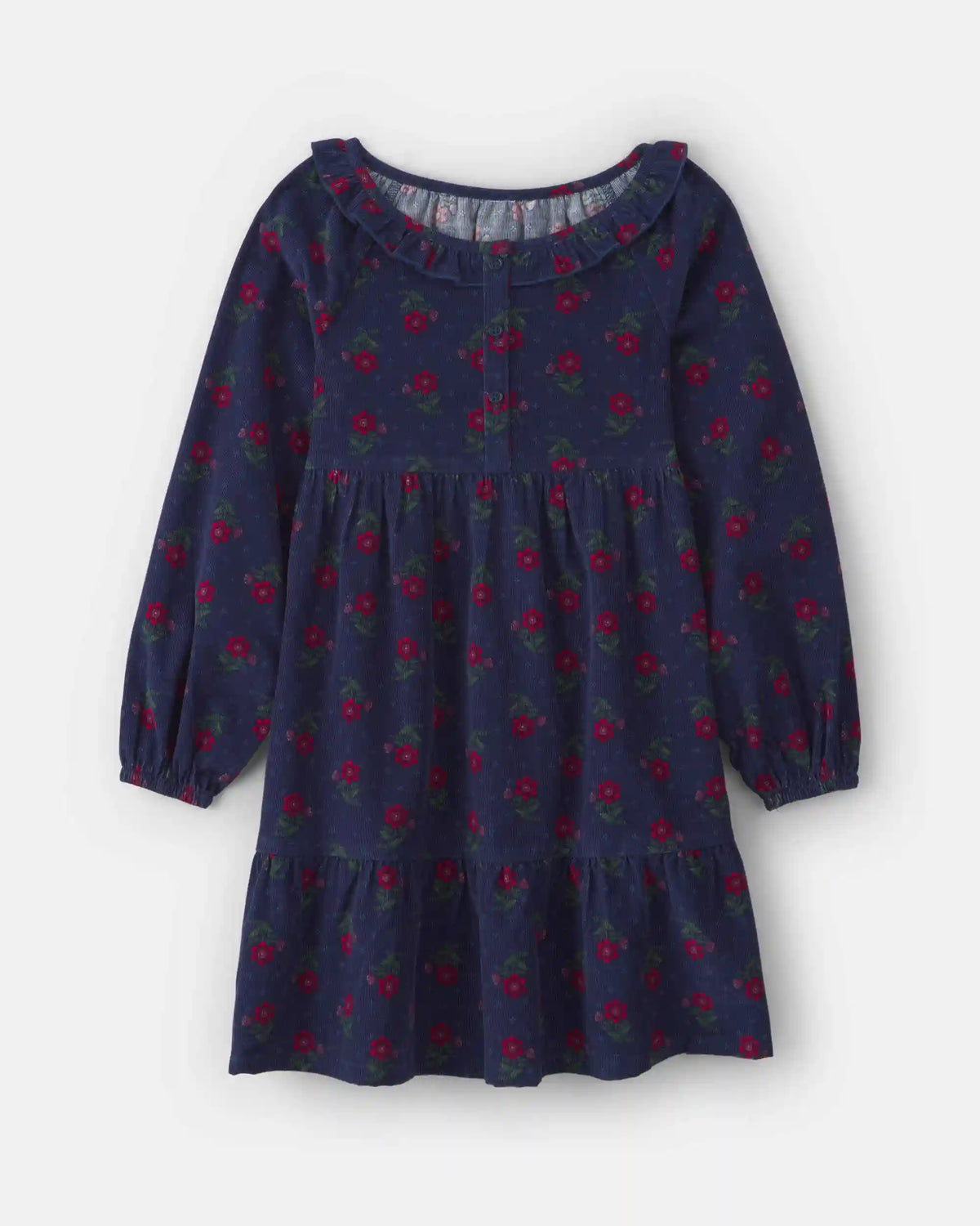 Girls Floral Corduroy Long-Sleeve Dress - Navy Blue