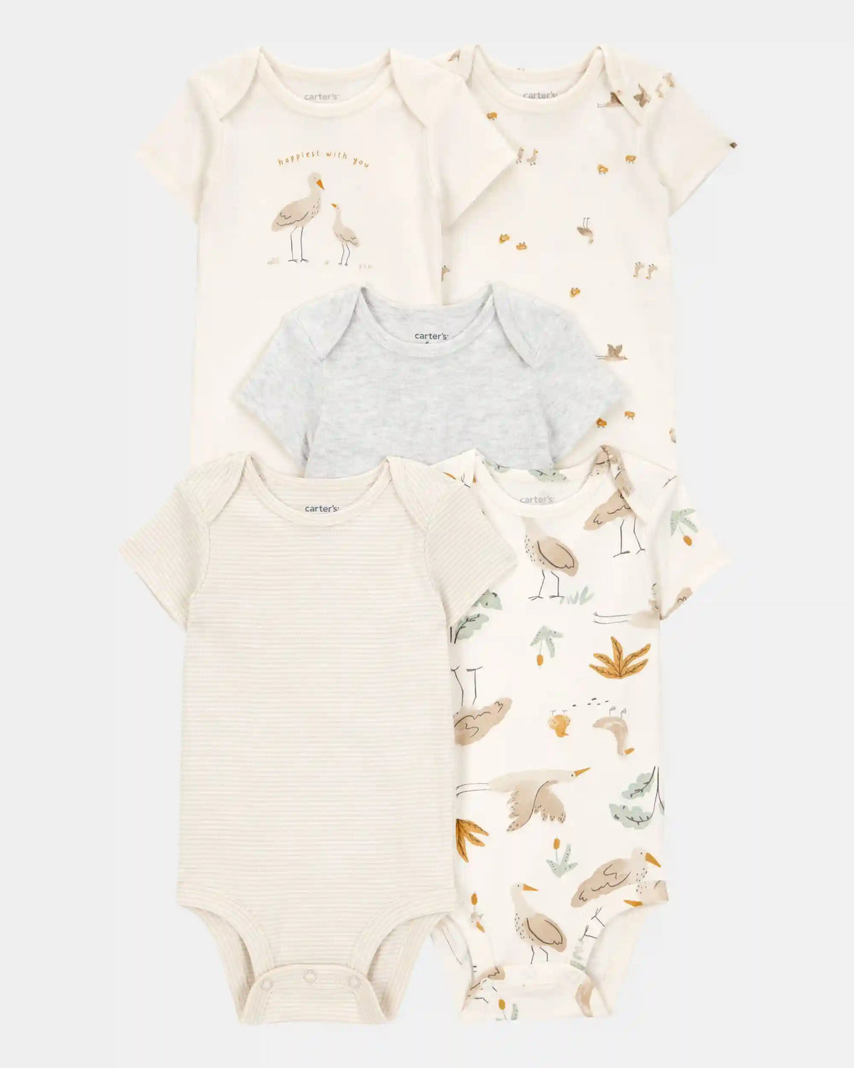 Baby 5-Pack Striped Birds Short-Sleeve Cotton Bodysuits - Ivory