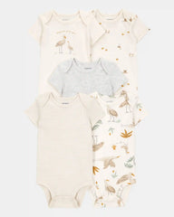 Baby 5-Pack Striped Birds Short-Sleeve Cotton Bodysuits - Ivory