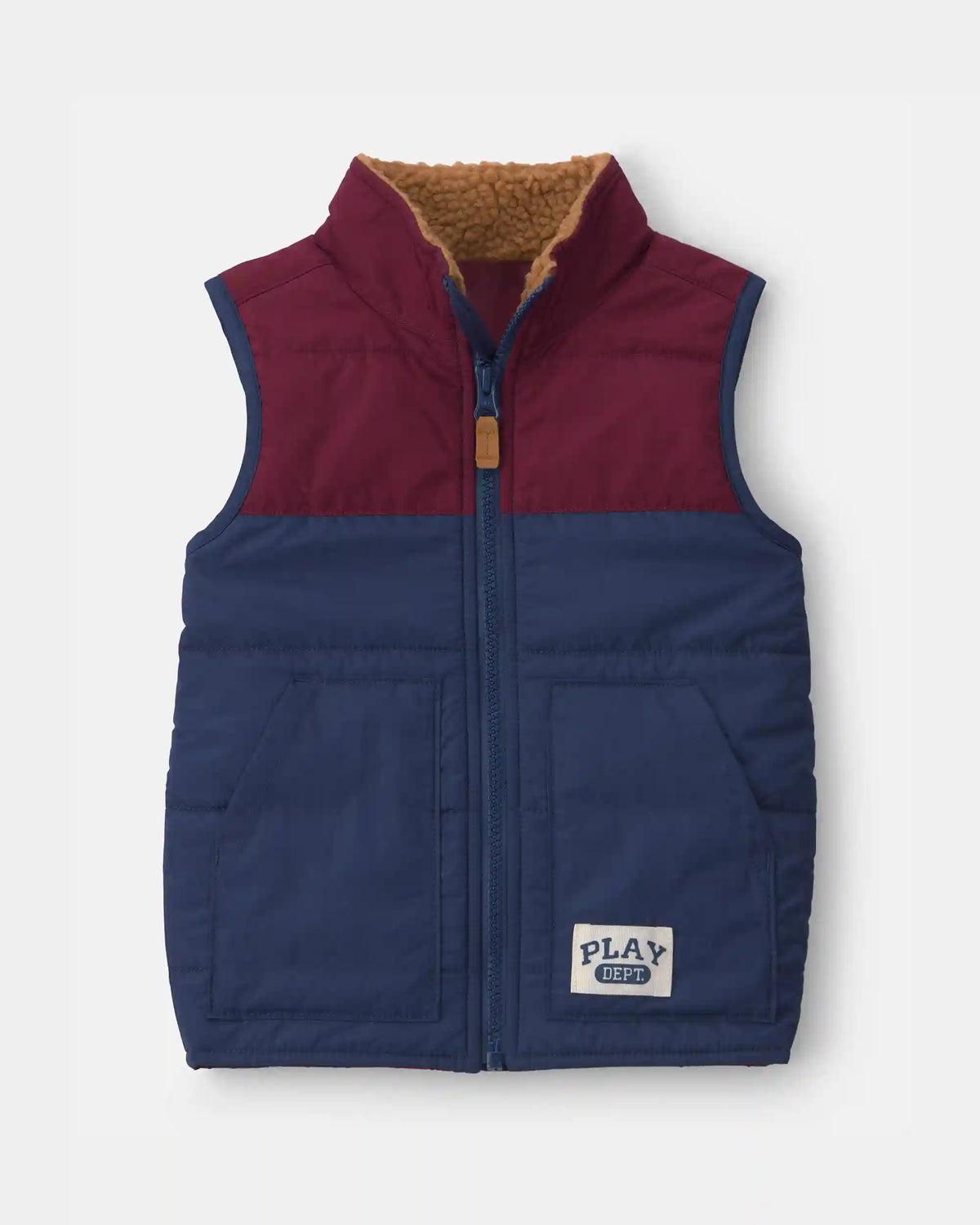 Toddler Boy Color Block Teddy Fleece Vest - Navy Blue/Burgundy