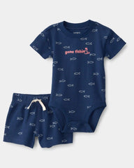 Baby Boy 2-Piece Fishing Waffle-Knit Bodysuit & Short Set - Blue