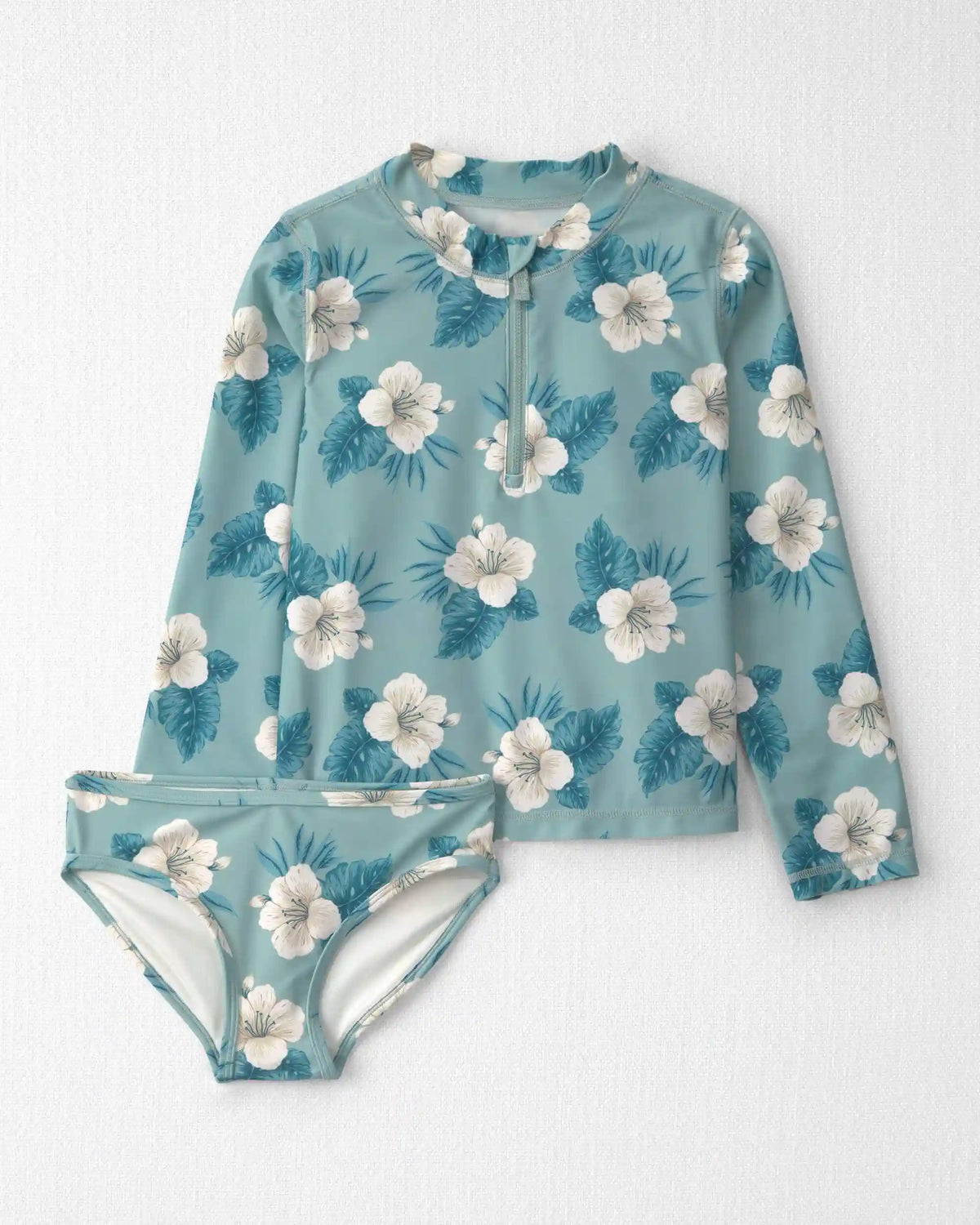 Girls 2-Piece Recycled Rashguard Swimsuit Set in Blue Hibiscus