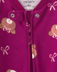 Baby Girl Bear 100% Cotton 2-Way Zip Sleep & Play Pajamas - Purple