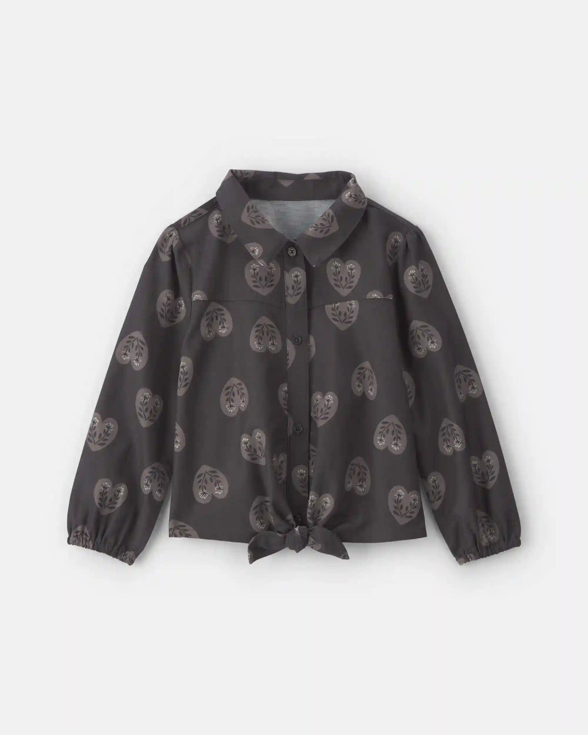Girls Toddler Girl Heart Twill Long-Sleeve Tie Top - Black