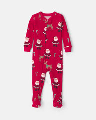 Baby 1-Piece Beige Santa Christmas 2-Way Zip 100% Cotton Snug Fit Footed Pajama - Red