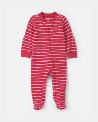 Baby Boy Firetruck Striped 100% Cotton 2-Way Zip Sleep & Play Pajamas - Red