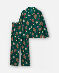 Adult 2-Piece Christmas Gingerbread Fleece Loose Fit Pajama Set - Green