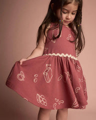 Toddler Girl Ric-Rac Crossover Dress in Snack Print  - Red