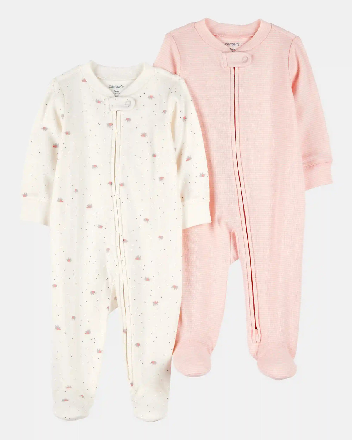 Baby Girl 2-Pack 2-Way Zip Cotton Sleep & Play Pajamas - White/Pink